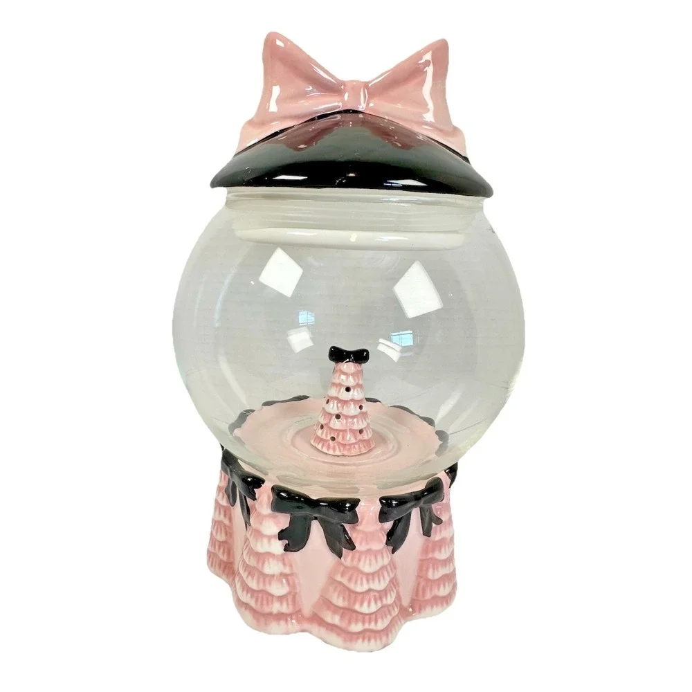 Peppermint & Pine Light Up Glass Candy Jar Pink Black Bow Christmas Decor